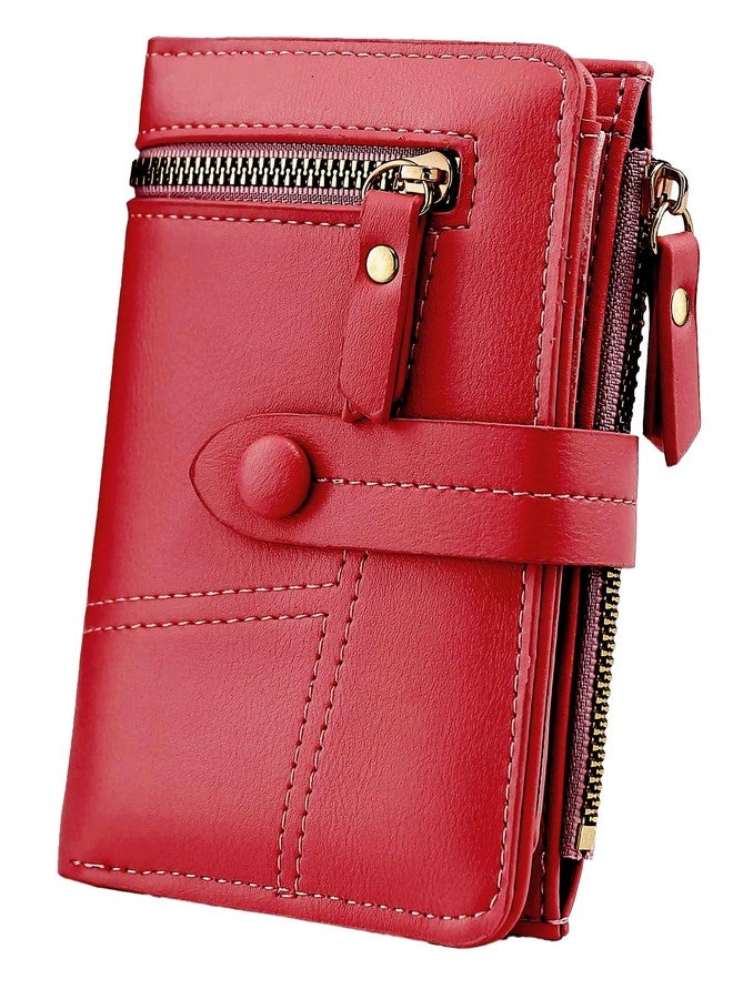 Elios Women's Wallet Vegan Leather Bifold Small Card Holder Coin Holder Compact Ladies Purse with 12 Card Slots, Zipper Pocket and RFID Blocking | Snap Closure | Mini Purse for Women (Red) - Image 1